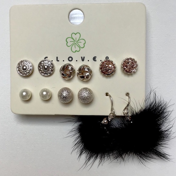 NEW CLOVER Multi Pack Faux Fur & Stud Earrings Set - Picture 1 of 3